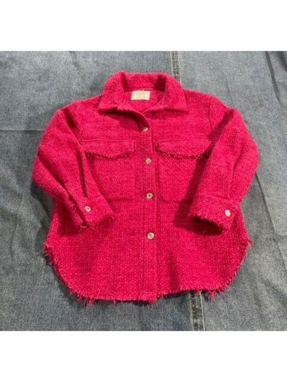 Zara size 9/10 Raspberry pink boucle' distressed crop jacket deconstructed